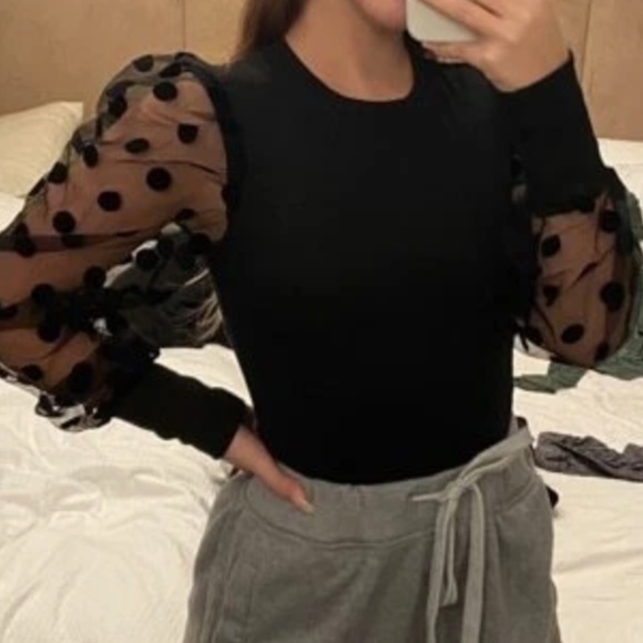 Classic Black Polka Dot Sheer Long Sleeve Fitted Blouse - Picture 1 of 11